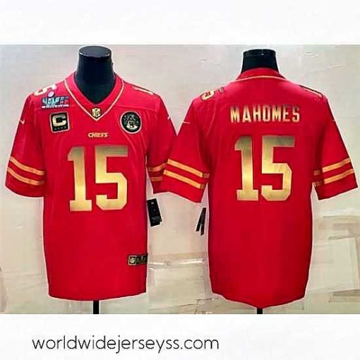 Superbly made Kansas City Chiefs 15 Patrick Mahomes Red Gold Super Bowl LVII Patch And 4 Star C Patch Vapor Untouchable Limited Stitched Jersey