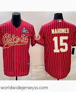 Exquisitely designed Kansas City Chiefs 15 Patrick Mahomes Red With Super Bowl LVII Patch Cool Base Stitched Baseball Jersey