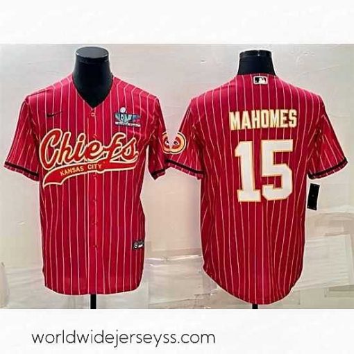 Exquisitely designed Kansas City Chiefs 15 Patrick Mahomes Red With Super Bowl LVII Patch Cool Base Stitched Baseball Jersey