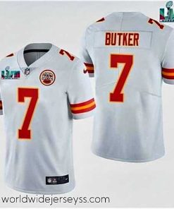 Superbly made Kansas City Chiefs 7 Harrison Butker White Super Bowl LVII Patch Vapor Untouchable Limited Stitched Jersey