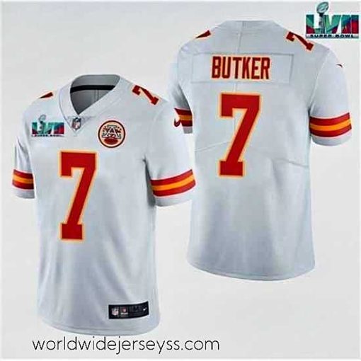 Superbly made Kansas City Chiefs 7 Harrison Butker White Super Bowl LVII Patch Vapor Untouchable Limited Stitched Jersey