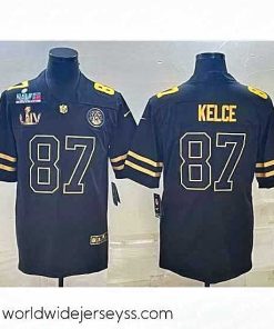 Finely crafted Kansas City Chiefs 87 Travis Kelce Black Golden Super Bowl LV And Super Bowl LVII Patch Vapor Limited Stitched Jersey