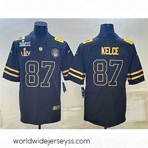 Finely crafted Kansas City Chiefs 87 Travis Kelce Black Golden Super Bowl LV And Super Bowl LVII Patch Vapor Limited Stitched Jersey