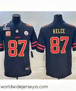 Superbly made Kansas City Chiefs 87 Travis Kelce Black Red Gold Super Bowl LVII Patch And 4 Star C Patch Vapor Untouchable Limited Stitched Jersey