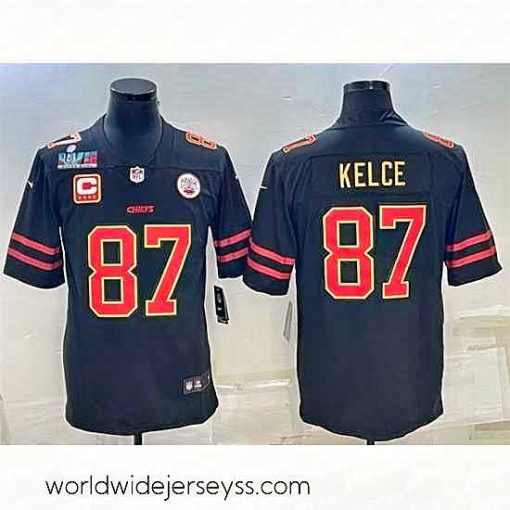 Superbly made Kansas City Chiefs 87 Travis Kelce Black Red Gold Super Bowl LVII Patch And 4 Star C Patch Vapor Untouchable Limited Stitched Jersey