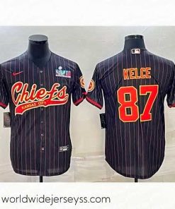 Marvelously styled Kansas City Chiefs 87 Travis Kelce Black With Super Bowl LVII Patch Cool Base Stitched Baseball Jersey