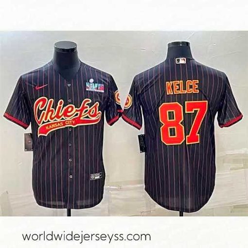 Marvelously styled Kansas City Chiefs 87 Travis Kelce Black With Super Bowl LVII Patch Cool Base Stitched Baseball Jersey