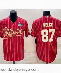 Superbly made Kansas City Chiefs 87 Travis Kelce Red With Super Bowl LVII Patch Cool Base Stitched Baseball Jersey