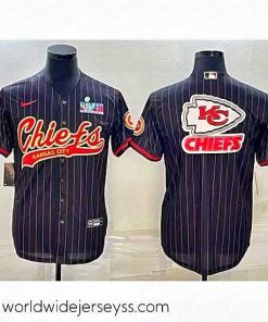 Exquisitely designed Kansas City Chiefs Black Team Big Logo With Super Bowl LVII Patch Cool Base Stitched Baseball Jersey
