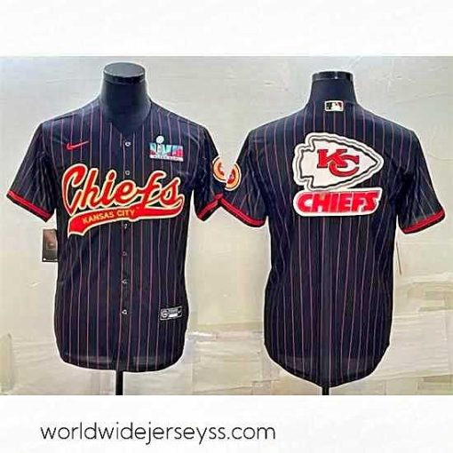 Exquisitely designed Kansas City Chiefs Black Team Big Logo With Super Bowl LVII Patch Cool Base Stitched Baseball Jersey