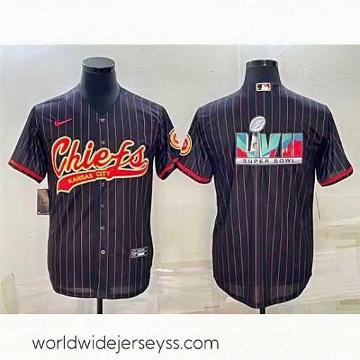 Exceptionally fashioned Kansas City Chiefs Black With Super Bowl LVII Big Logo Cool Base Stitched Baseball JerseyS