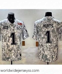 Superbly made Philadelphia Eagles 1 Jalen Hurts Arctic Camo 2025 Super Bowl LIX Patch F.U.S.E Salute To Service Limited Stitched Football Jersey