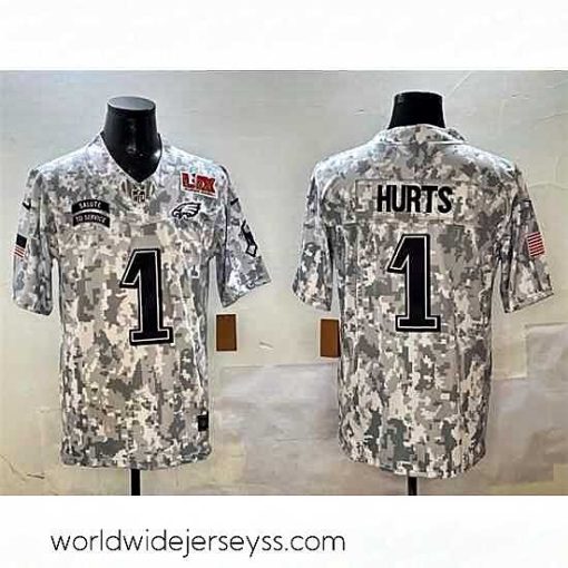 Superbly made Philadelphia Eagles 1 Jalen Hurts Arctic Camo 2025 Super Bowl LIX Patch F.U.S.E Salute To Service Limited Stitched Football Jersey