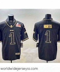 Finely crafted Philadelphia Eagles 1 Jalen Hurts Black Gold 2025 Super Bowl LIX Patch Salute To Service Vapor Untouchable Limited Stitched Football Jersey