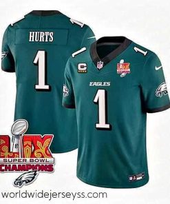 Exquisitely designed Philadelphia Eagles 1 Jalen Hurts Green 2025 Eagles Logo Super Bowl LIX Patch With 4 Star C Patch New F.U.S.E  Vapor Untouchable Limited Stitched Footb
