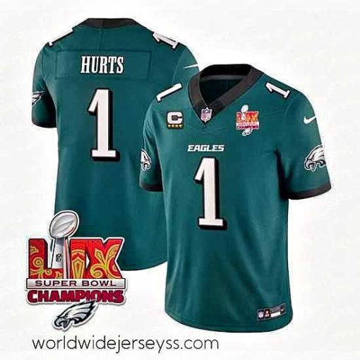 Exquisitely designed Philadelphia Eagles 1 Jalen Hurts Green 2025 Eagles Logo Super Bowl LIX Patch With 4 Star C Patch New F.U.S.E  Vapor Untouchable Limited Stitched Footb