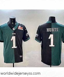 Exceptionally fashioned Philadelphia Eagles 1 Jalen Hurts Green  26 Black Split 2025 Super Bowl LIX Patch Vapor Untouchable Limited Stitched Football Jersey