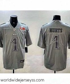 Exceptionally fashioned Philadelphia Eagles 1 Jalen Hurts Grey 2025 Super Bowl LIX Patch Atmosphere Fashion Vapor Untouchable Limited Stitched Football Jersey