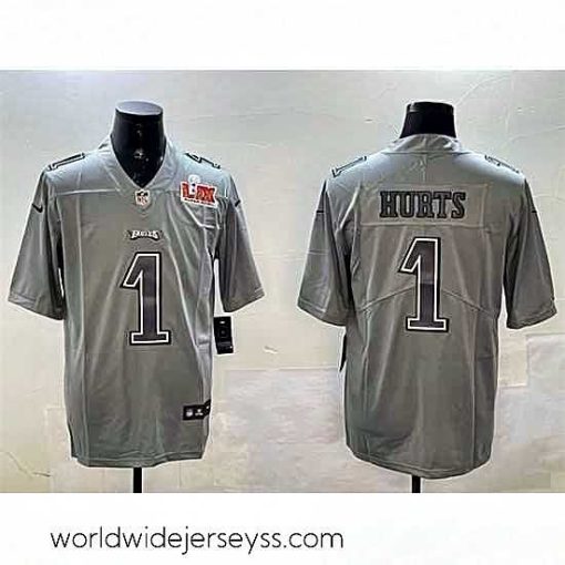 Exceptionally fashioned Philadelphia Eagles 1 Jalen Hurts Grey 2025 Super Bowl LIX Patch Atmosphere Fashion Vapor Untouchable Limited Stitched Football Jersey