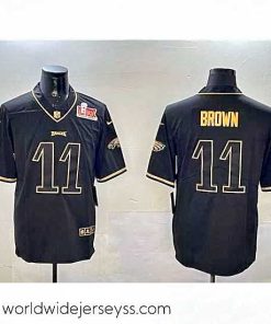 Exquisitely designed Philadelphia Eagles 11 A  J  Brown Black Gold 2025 Super Bowl LIX Patch Salute To Service Vapor Untouchable Limited Stitched Football Jersey