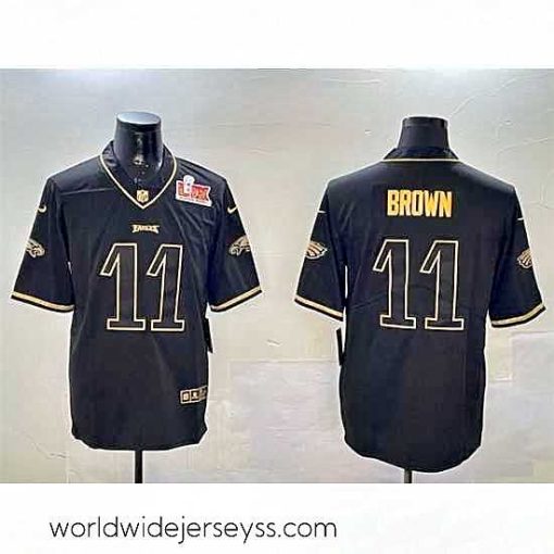 Exquisitely designed Philadelphia Eagles 11 A  J  Brown Black Gold 2025 Super Bowl LIX Patch Salute To Service Vapor Untouchable Limited Stitched Football Jersey