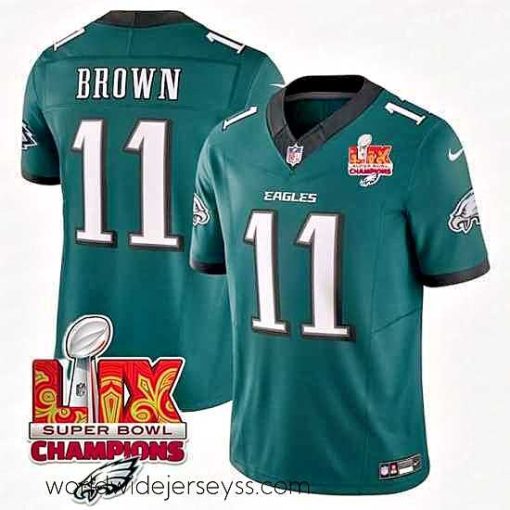 Exceptionally fashioned Philadelphia Eagles 11 A J  Brown Green 2025 Eagles Logo Super Bowl LIX Patch New F.U.S.E  Vapor Untouchable Limited Stitched Football Jersey
