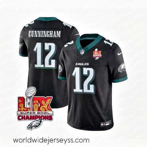 Exquisitely designed Philadelphia Eagles 12 Randall Cunningham Black 2025 Eagles Logo Super Bowl LIX Patch New F.U.S.E  Vapor Limited Stitched Football Jersey