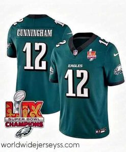 Exceptionally fashioned Philadelphia Eagles 12 Randall Cunningham Green 2025 Eagles Logo Super Bowl LIX Patch New F.U.S.E  Vapor Limited Stitched Football Jersey