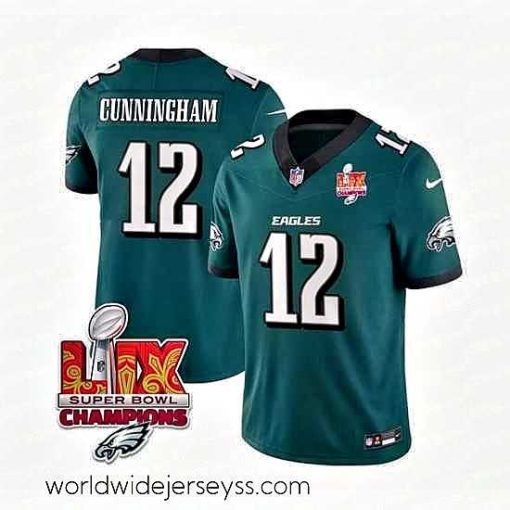 Exceptionally fashioned Philadelphia Eagles 12 Randall Cunningham Green 2025 Eagles Logo Super Bowl LIX Patch New F.U.S.E  Vapor Limited Stitched Football Jersey