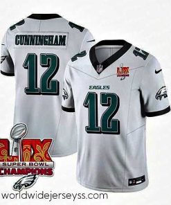 Exceptionally fashioned Philadelphia Eagles 12 Randall Cunningham White 2025 Eagles Logo Super Bowl LIX Patch New F.U.S.E  Vapor Limited Stitched Football Jersey