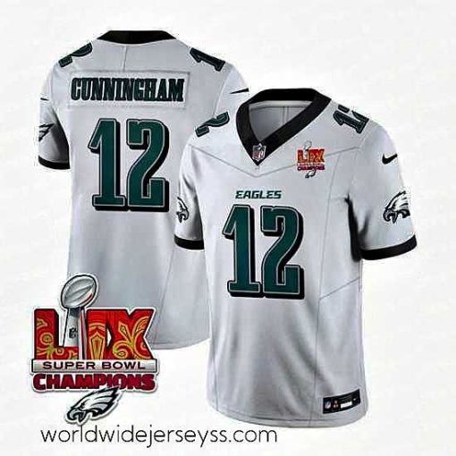 Exceptionally fashioned Philadelphia Eagles 12 Randall Cunningham White 2025 Eagles Logo Super Bowl LIX Patch New F.U.S.E  Vapor Limited Stitched Football Jersey