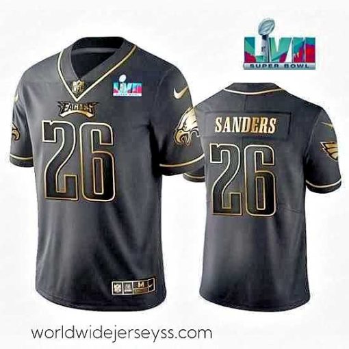 Exquisitely designed Philadelphia Eagles 26 Miles Sanders Black Golden Super Bowl LVII Patch Edition Stitched Football Jersey