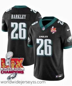 Exceptionally fashioned Philadelphia Eagles 26 Saquon Barkley Black 2025 Eagles Logo Super Bowl LIX Patch New F.U.S.E  Vapor Untouchable Limited Stitched Football Jersey