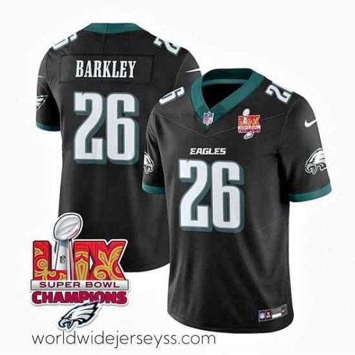 Exceptionally fashioned Philadelphia Eagles 26 Saquon Barkley Black 2025 Eagles Logo Super Bowl LIX Patch New F.U.S.E  Vapor Untouchable Limited Stitched Football Jersey