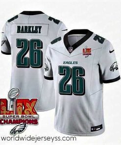 Superbly made Philadelphia Eagles 26 Saquon Barkley White 2025 Eagles Logo Super Bowl LIX Patch New F.U.S.E  Vapor Untouchable Limited Stitched Football Jersey