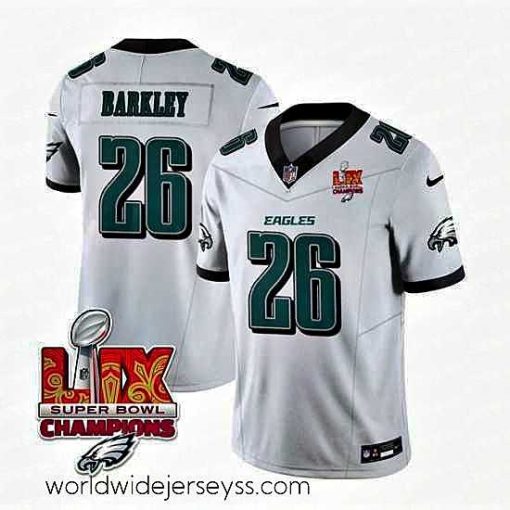 Superbly made Philadelphia Eagles 26 Saquon Barkley White 2025 Eagles Logo Super Bowl LIX Patch New F.U.S.E  Vapor Untouchable Limited Stitched Football Jersey