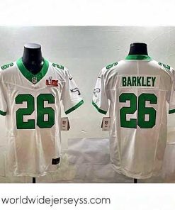 Marvelously styled Philadelphia Eagles 26 Saquon Barkley White 2025 Super Bowl LIX Patch F.U.S.E  Vapor Untouchable Limited Stitched Football Jersey