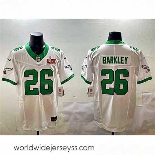 Marvelously styled Philadelphia Eagles 26 Saquon Barkley White 2025 Super Bowl LIX Patch F.U.S.E  Vapor Untouchable Limited Stitched Football Jersey
