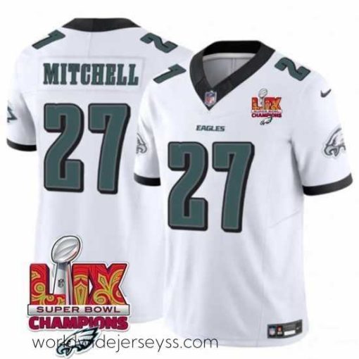 Marvelously styled Philadelphia Eagles 27 Quinyon Mitchell White 2025 Eagles Logo Super Bowl LIX Patch New F.U.S.E  Vapor Limited Stitched Football Jersey