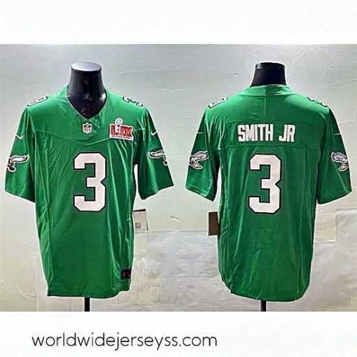 Exceptionally fashioned Philadelphia Eagles 3 Nolan Smith Jr  Green 2025 Super Bowl LIX Patch F.U.S.E  Throwback Vapor Untouchable Limited Stitched Football Jersey