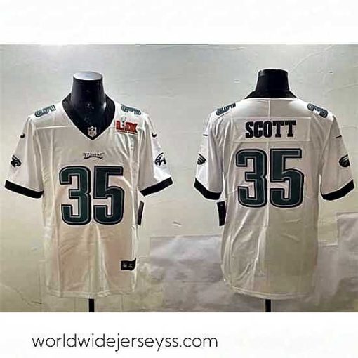 Marvelously styled Philadelphia Eagles 35 Boston Scott White 2025 Super Bowl LIX Patch Vapor Untouchable Limited Stitched Football Jersey