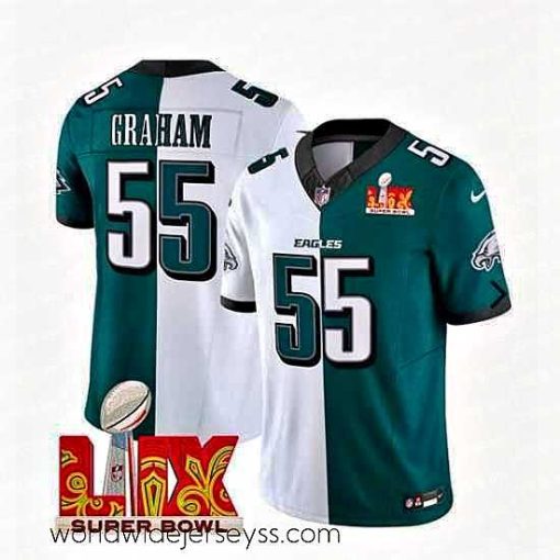 Exceptionally fashioned Philadelphia Eagles 55 Brandon Graham White Green Split 2025 Super Bowl LIX Patch F.U.S.E  Vapor Untouchable Limited Stitched Football Jersey