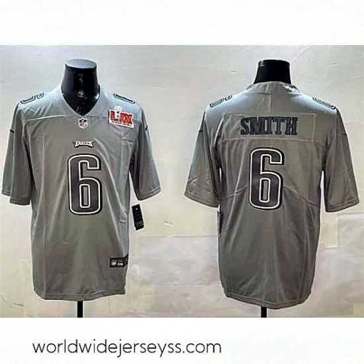 Exceptionally fashioned Philadelphia Eagles 6 DeVonta Smith Grey 2025 Super Bowl LIX Patch Atmosphere Fashion Vapor Untouchable Limited Stitched Football Jersey