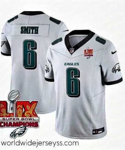 Superbly made Philadelphia Eagles 6 DeVonta Smith White 2025 Eagles Logo Super Bowl LIX Patch New F.U.S.E  Vapor Untouchable Limited Stitched Football Jersey