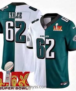 Exquisitely designed Philadelphia Eagles 62 Jason Kelce White Green Split 2025 Super Bowl LIX Patch F.U.S.E  Vapor Untouchable Limited Stitched Football Jersey