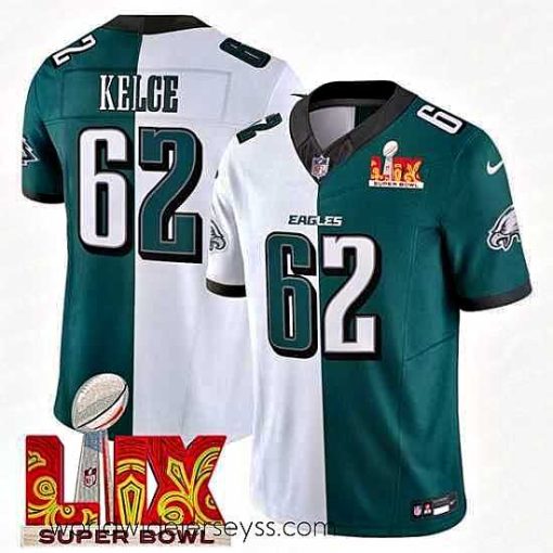 Exquisitely designed Philadelphia Eagles 62 Jason Kelce White Green Split 2025 Super Bowl LIX Patch F.U.S.E  Vapor Untouchable Limited Stitched Football Jersey
