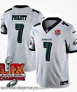 Marvelously styled Philadelphia Eagles 7 Kenny Pickett White 2025 Eagles Logo Super Bowl LIX Patch New F.U.S.E  Vapor Limited Stitched Football Jersey