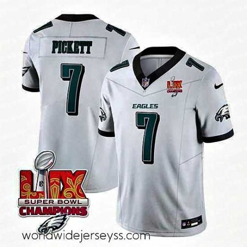 Marvelously styled Philadelphia Eagles 7 Kenny Pickett White 2025 Eagles Logo Super Bowl LIX Patch New F.U.S.E  Vapor Limited Stitched Football Jersey