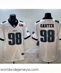 Exceptionally fashioned Philadelphia Eagles 98 Jalen Carter White 2025 Super Bowl LIX Patch New Vapor Untouchable Limited Stitched Football Jersey