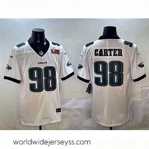 Exceptionally fashioned Philadelphia Eagles 98 Jalen Carter White 2025 Super Bowl LIX Patch New Vapor Untouchable Limited Stitched Football Jersey